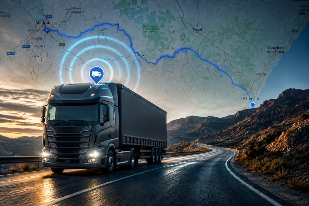 Camión circulando por carretera con seguimiento GPS en tiempo real y ruta sobre mapa digital