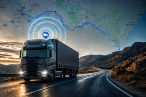 Camión circulando por carretera con seguimiento GPS en tiempo real y ruta sobre mapa digital