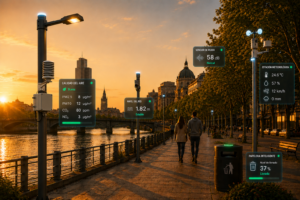 Paseo urbano junto al río con sensores IoT, alumbrado inteligente y paneles de monitorización Smart City en tiempo real.